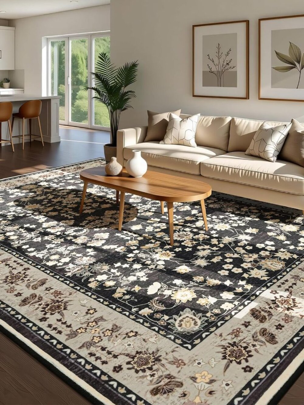 4x6 Washable Area Rug for Living Room, Black Camel Non-Slip Rugs for Bedroom, Sm